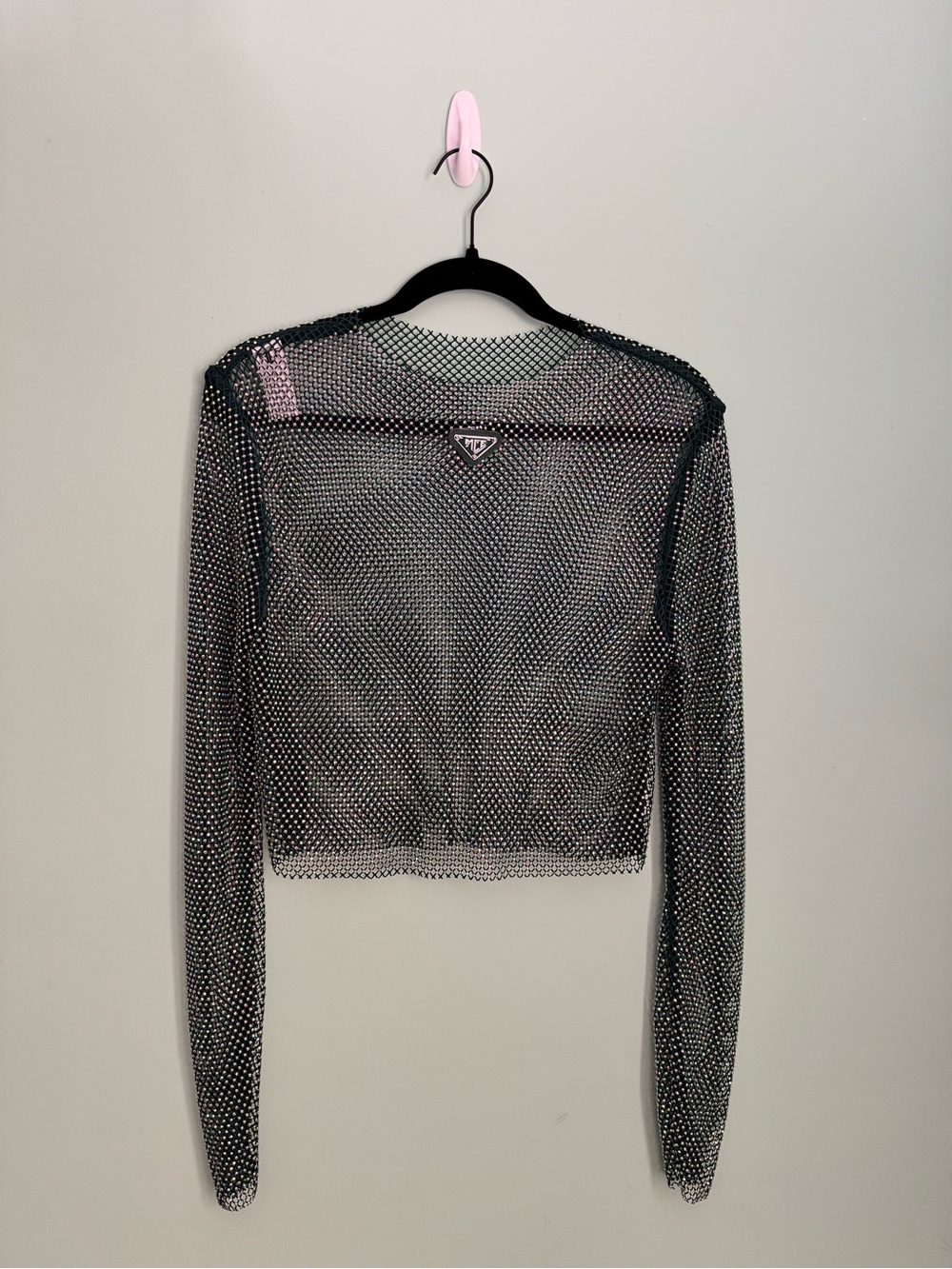 Men’s MCE Sheer Mesh Rhinestone Long-Sleeve Crop Top in Emerald - Size Large